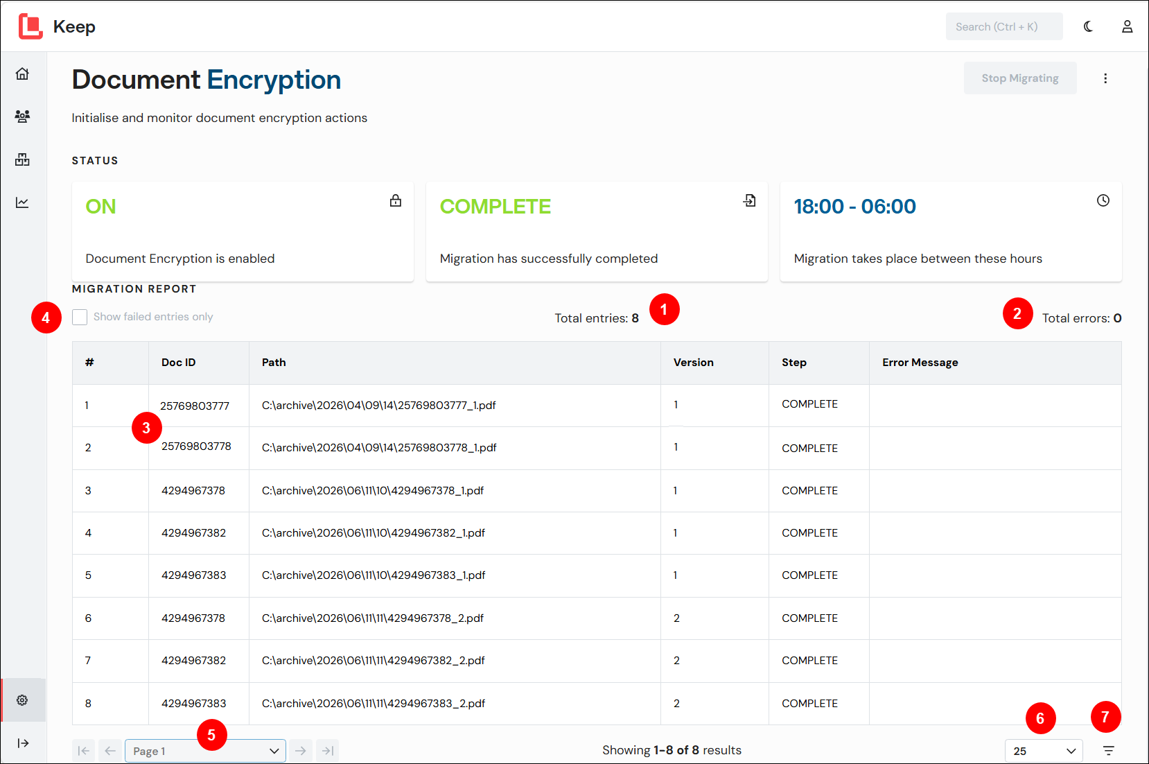 Various elements on the Document Encryption page after documents have been processed.